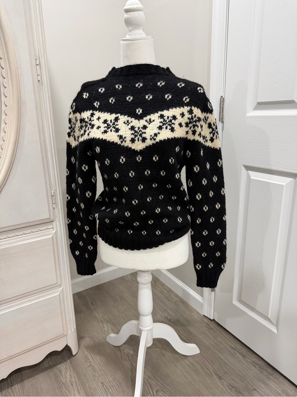 Classic Black & Cream Fair Isle Women's Sweater Hand Knit